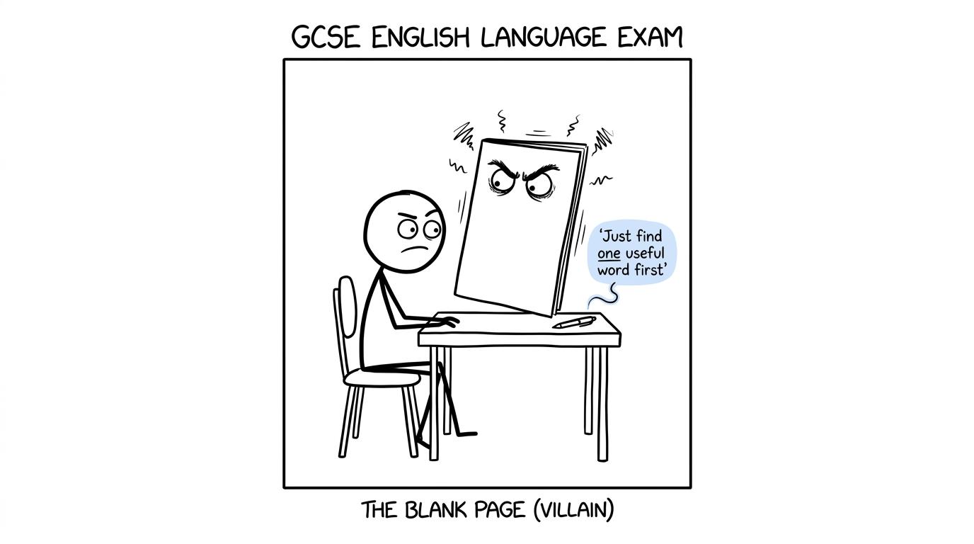 A nervous student discovers that beginning with one useful word is less frightening than defeating the entire exam paper