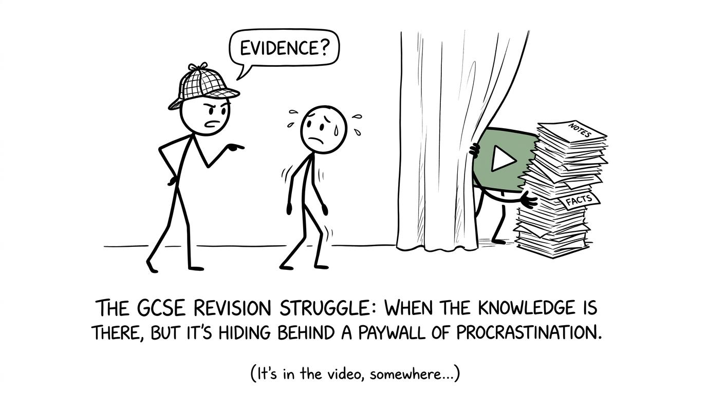 An exam question asks for evidence while a play button hides with the notes