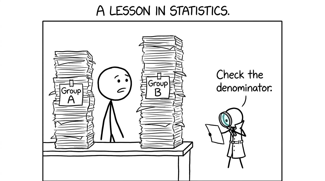 A statistics detective reminds students to check the denominator
