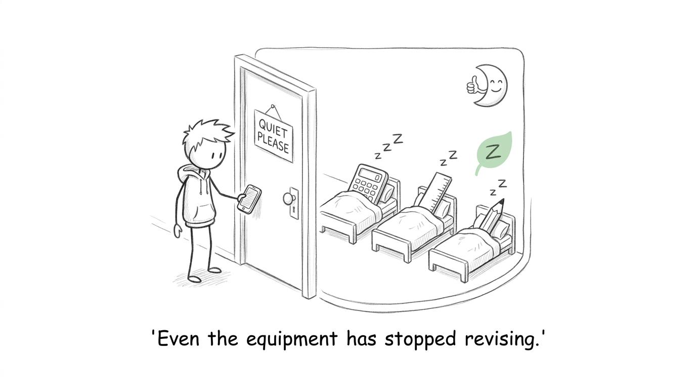 A phone waits outside while revision equipment goes to sleep