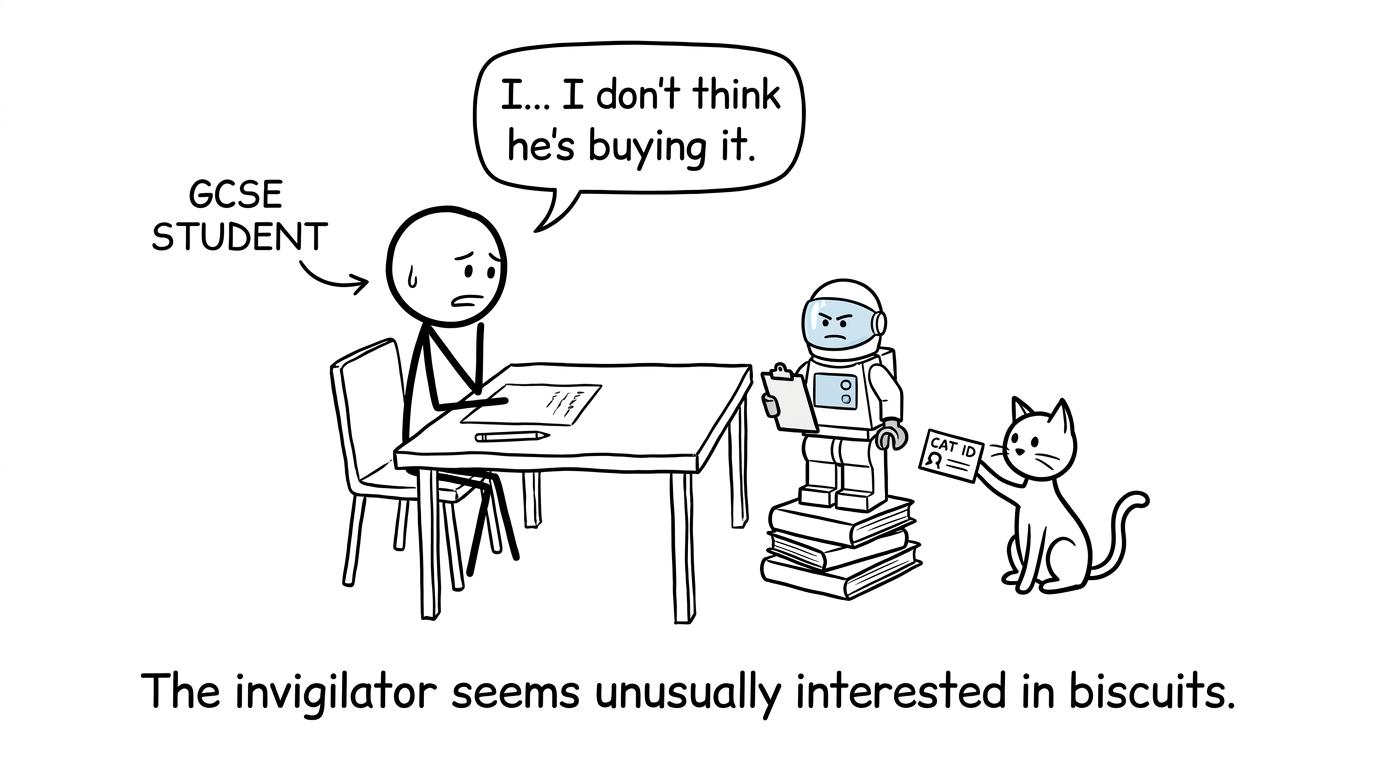 A toy astronaut invigilates a home mock while a cat presents its identification