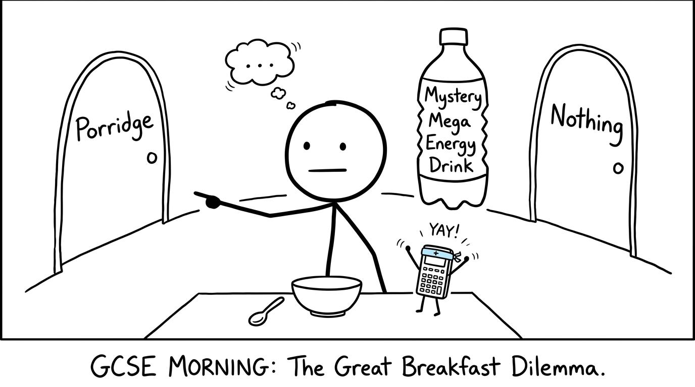 A student calmly chooses porridge instead of an energy drink before an exam