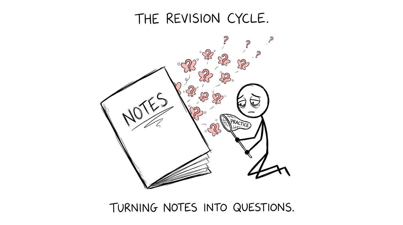 A student trying to catch practice questions escaping from an enormous revision notebook