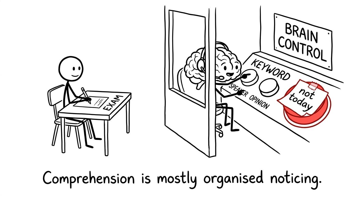 A brain organises keywords while keeping the panic button covered