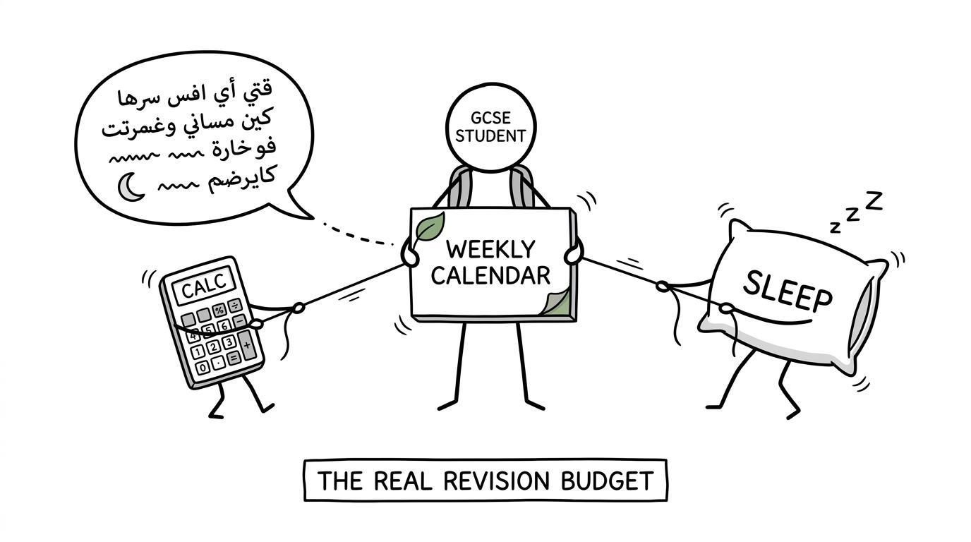 Arabic, maths and sleep compete gently for space in a student's real revision budget