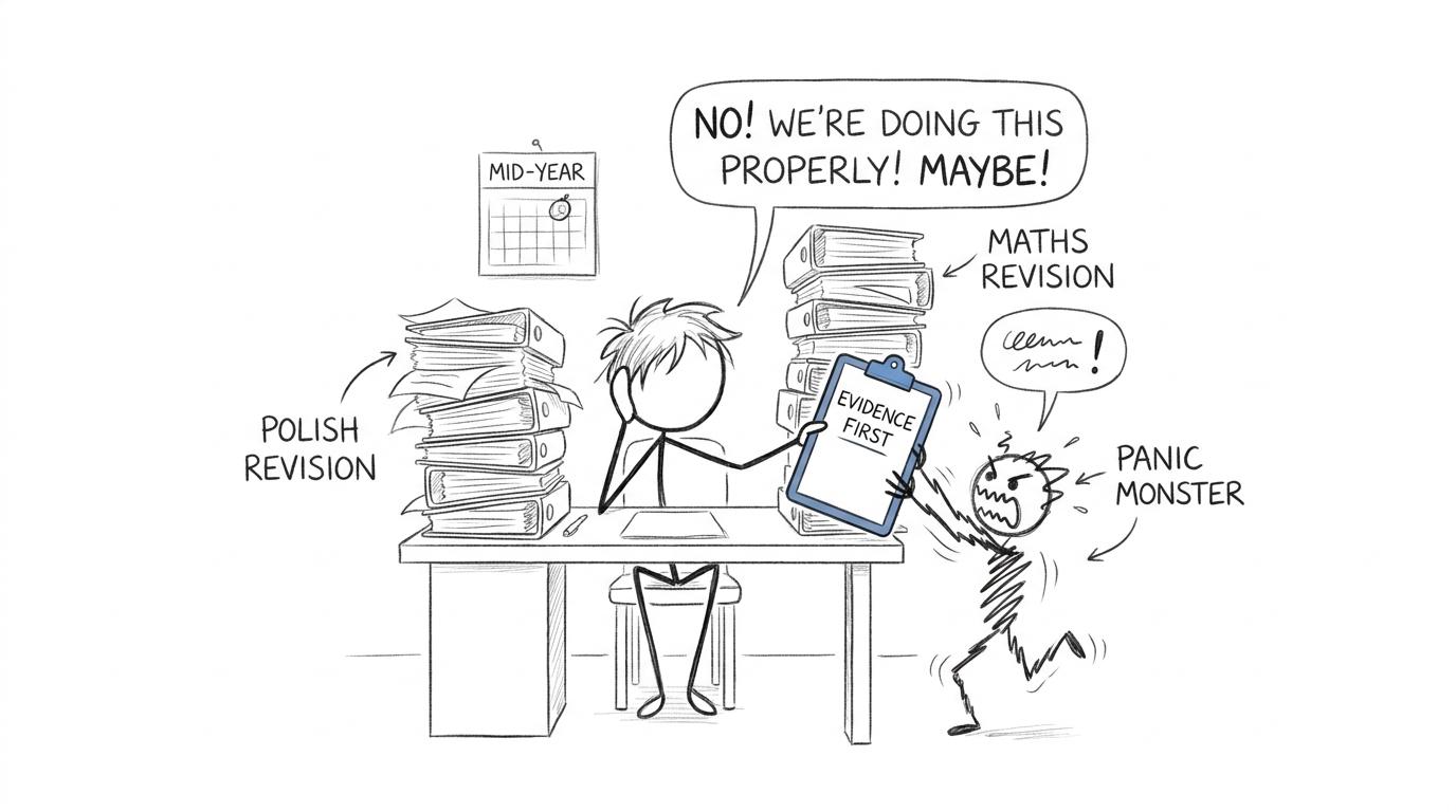 A student choosing evidence over panic while revision piles wobble