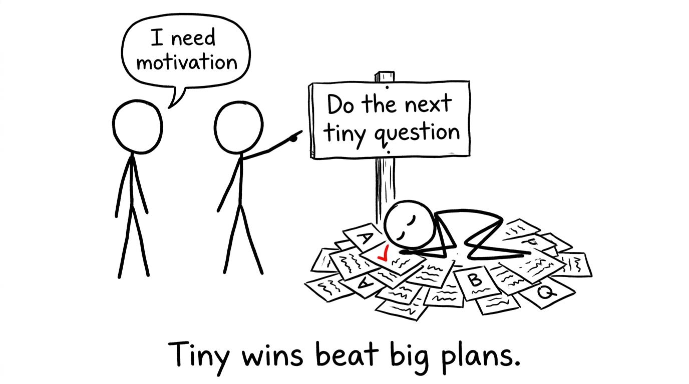 Stick figures choosing “the next tiny question” over motivation
