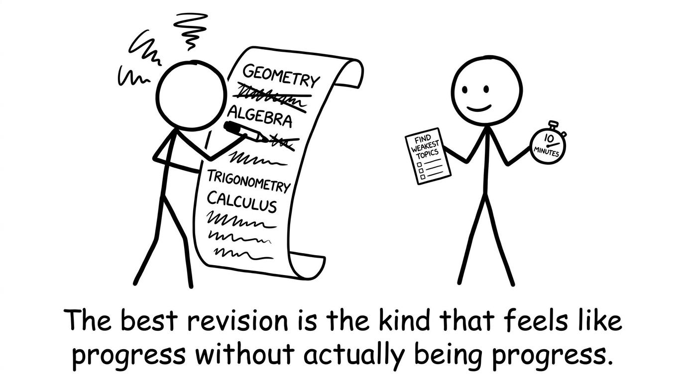 A stressed student highlighting topics while a friend holds a tiny checklist