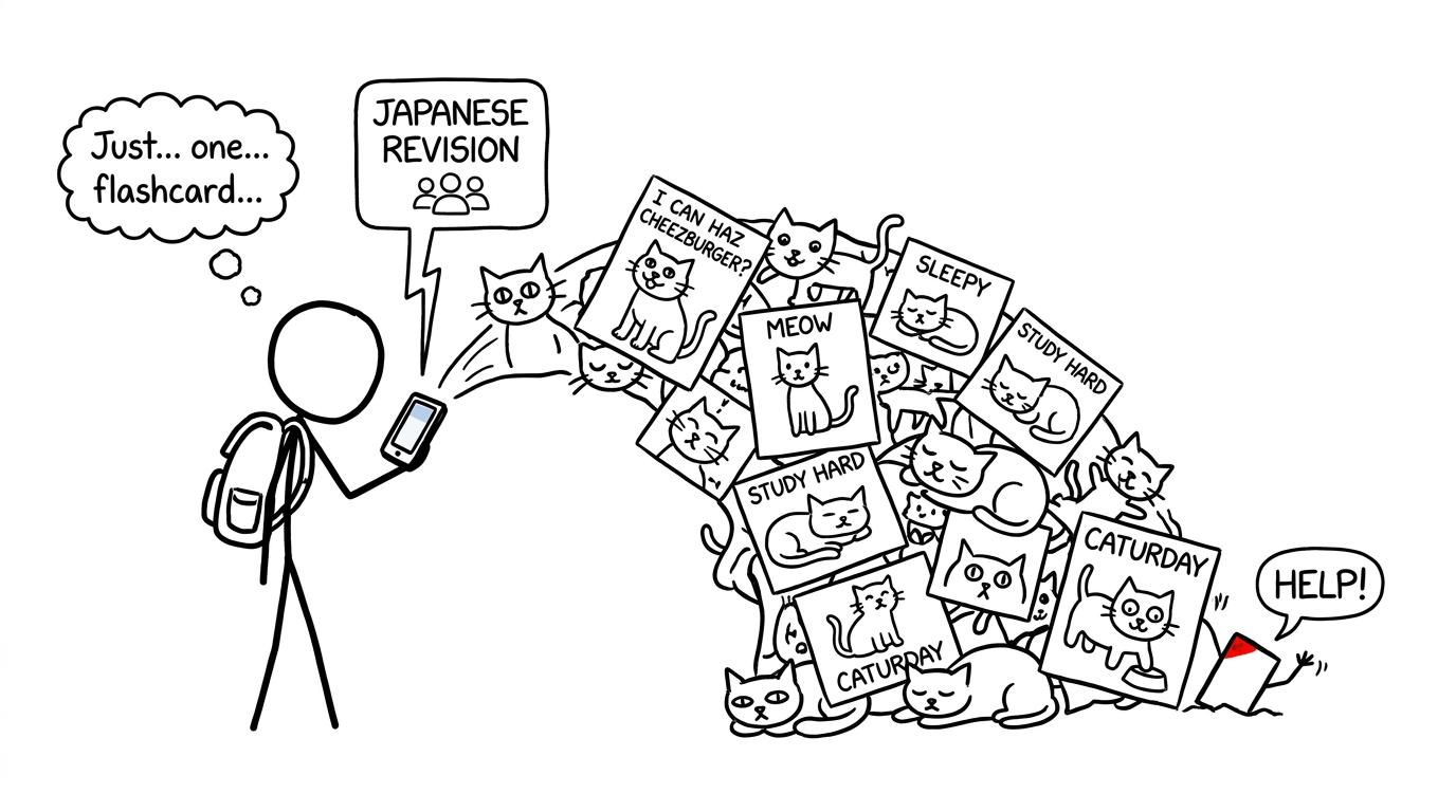 A Japanese revision flashcard tries to escape an avalanche of group-chat memes