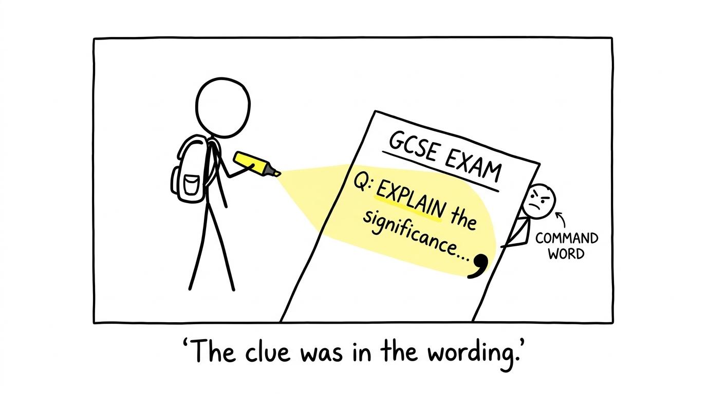 A student uses a detective-style highlighter to uncover the command word hiding in an exam question