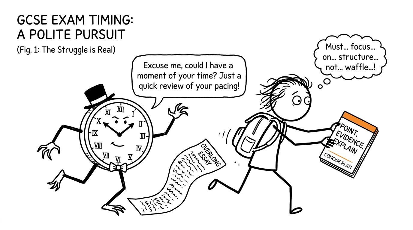 A determined student escapes the exam clock by choosing a concise plan instead of an endless essay