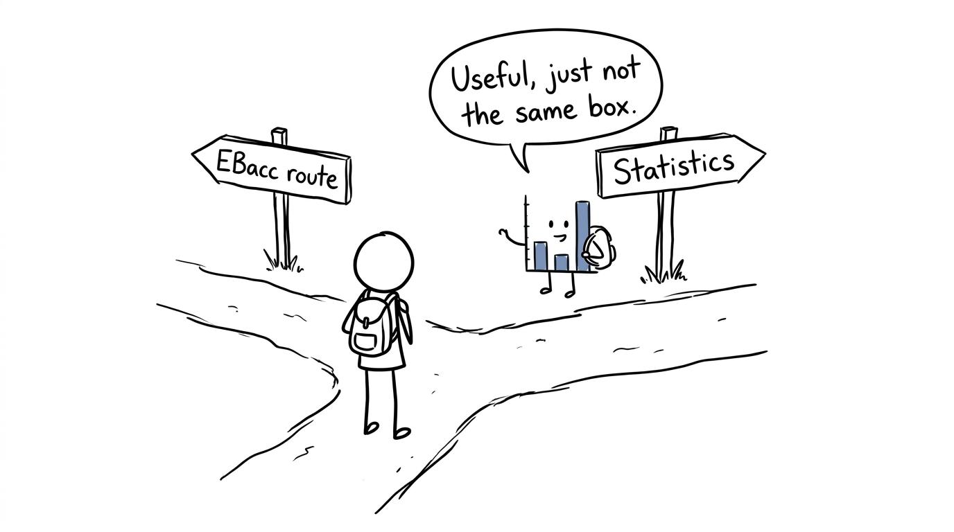 A student choosing between the EBacc route and Statistics at a school crossroads