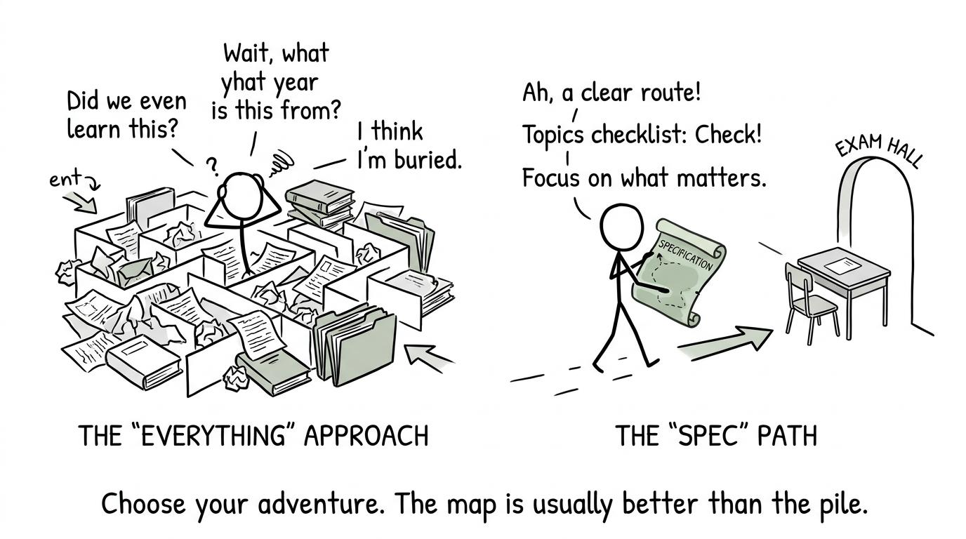 One student follows the specification map while another revises absolutely everything