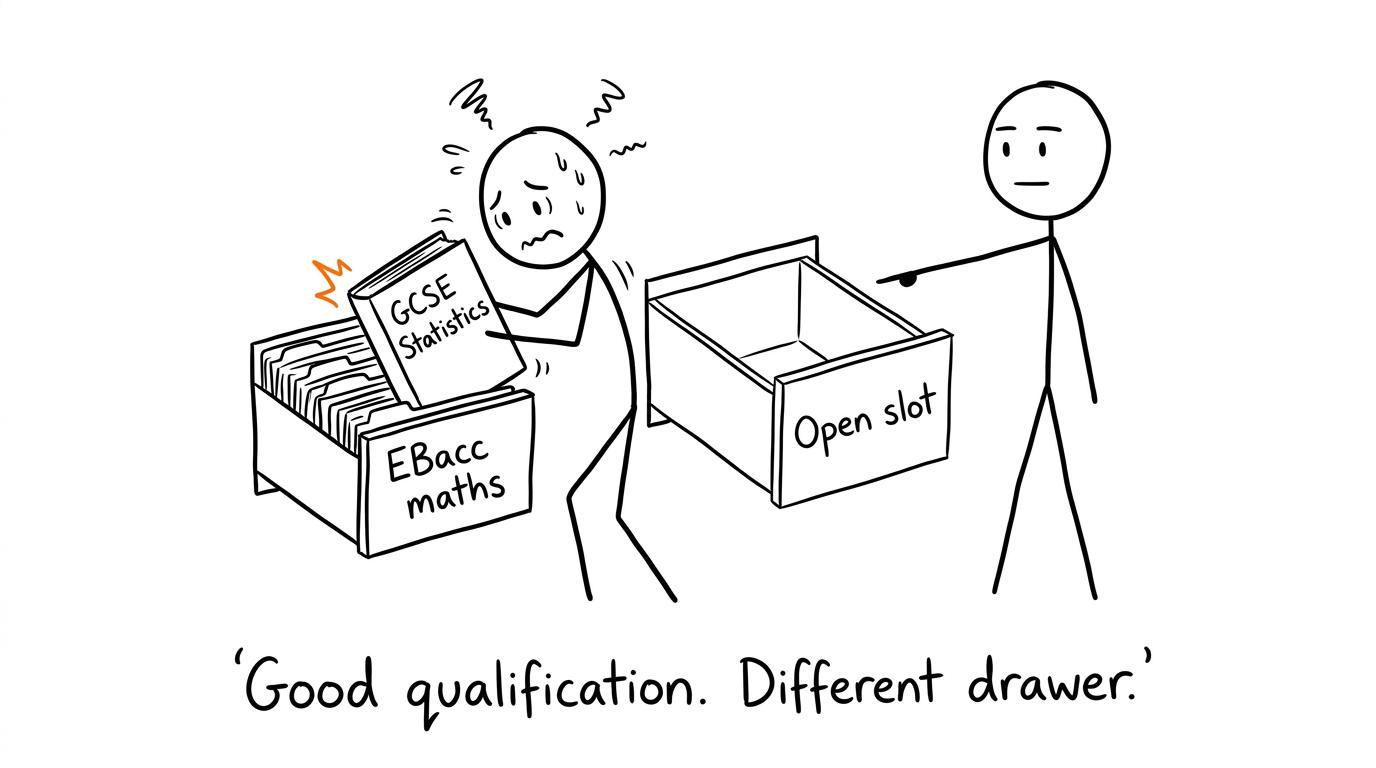 A Statistics book being directed towards the correct Attainment 8 drawer