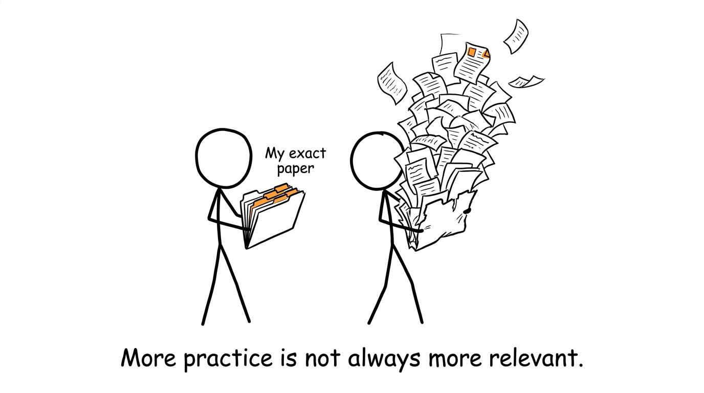 A precise revision folder looks calmly at a volcano of random practice papers