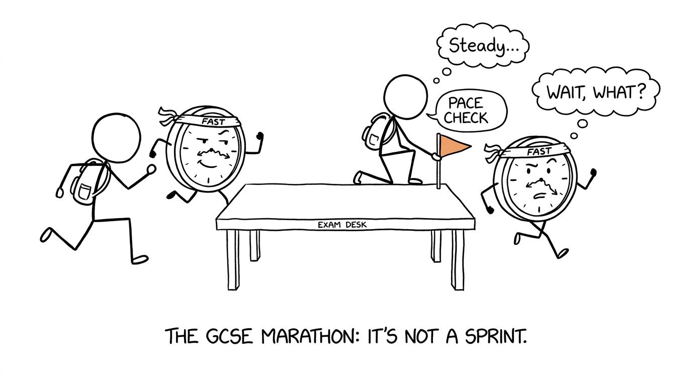 A calm student using a pace checkpoint while racing an overconfident exam clock