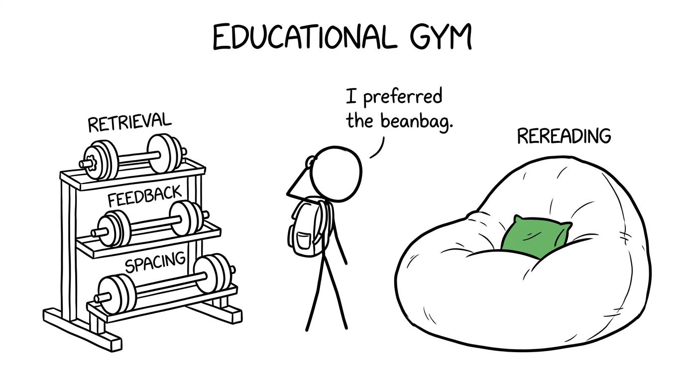 Retrieval, feedback and spacing wait beside the much more comfortable rereading beanbag