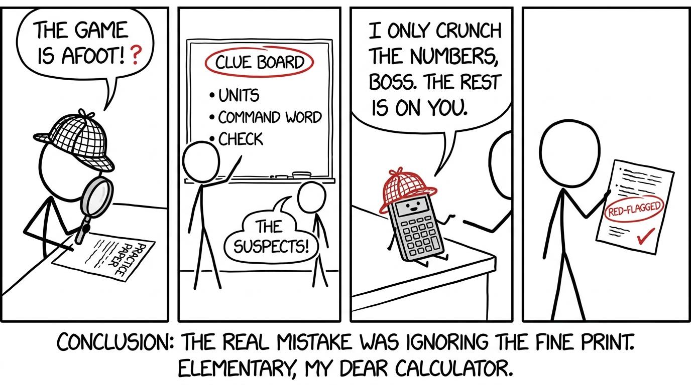 A revision detective investigates clues labelled units, command word and check