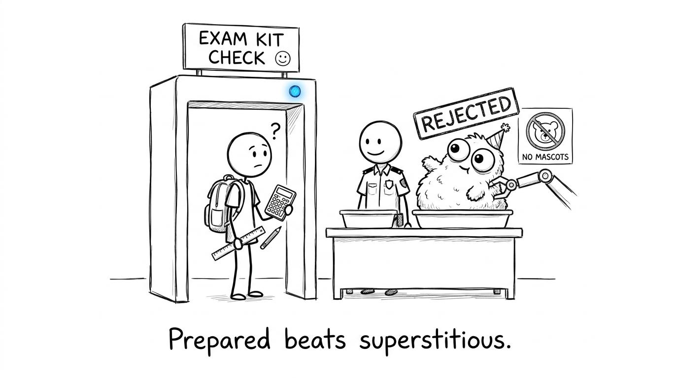 A student takes sensible exam equipment through a humorous security check