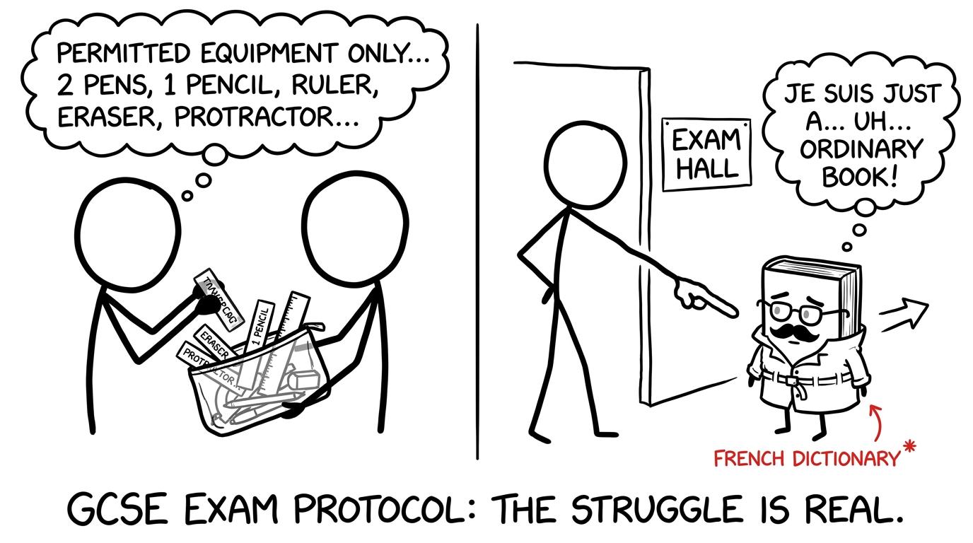 A dictionary in disguise tries to sneak into the exam room