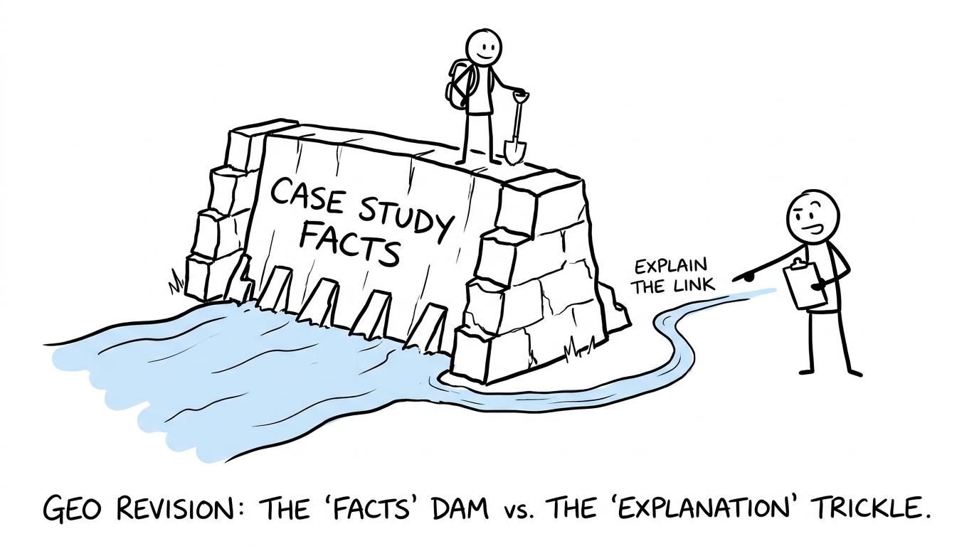 An examiner points past a dam of case-study facts towards a stream labelled explain the link