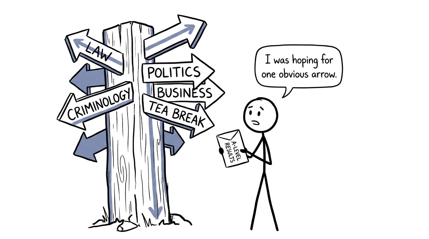 A student faces an oversized university course signpost