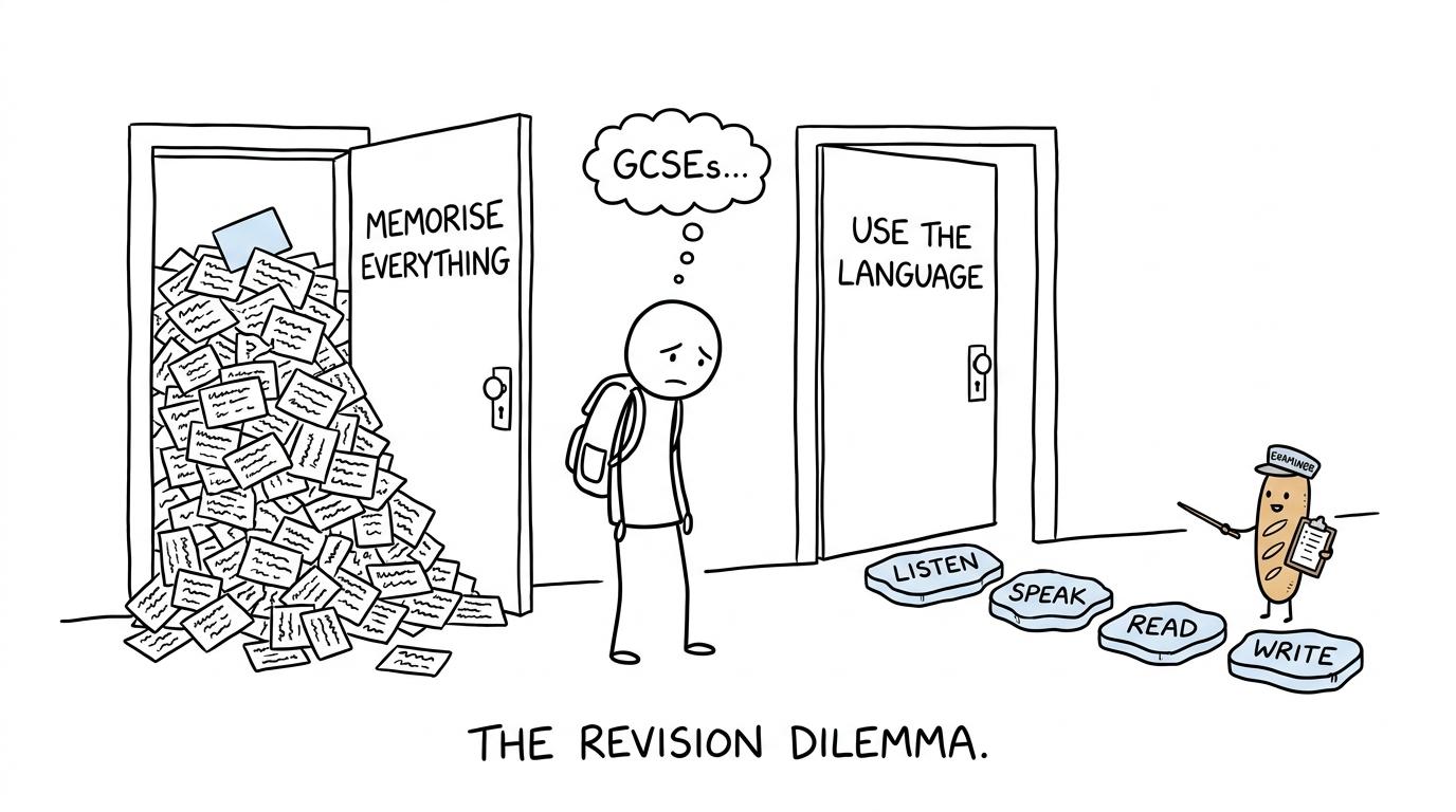 A student choosing between memorising everything and using French through four practical skills