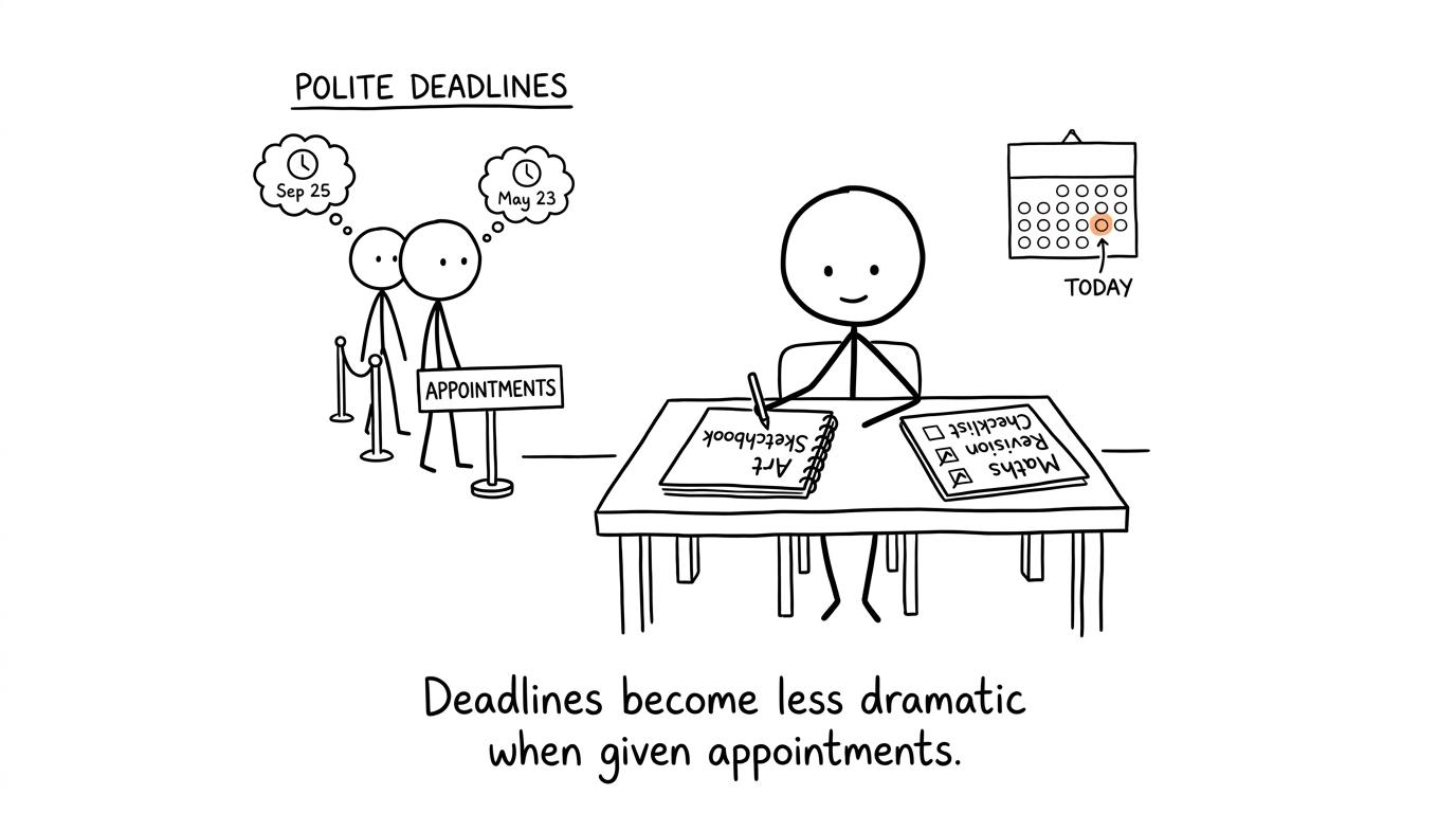 Art and maths deadlines waiting in an orderly queue