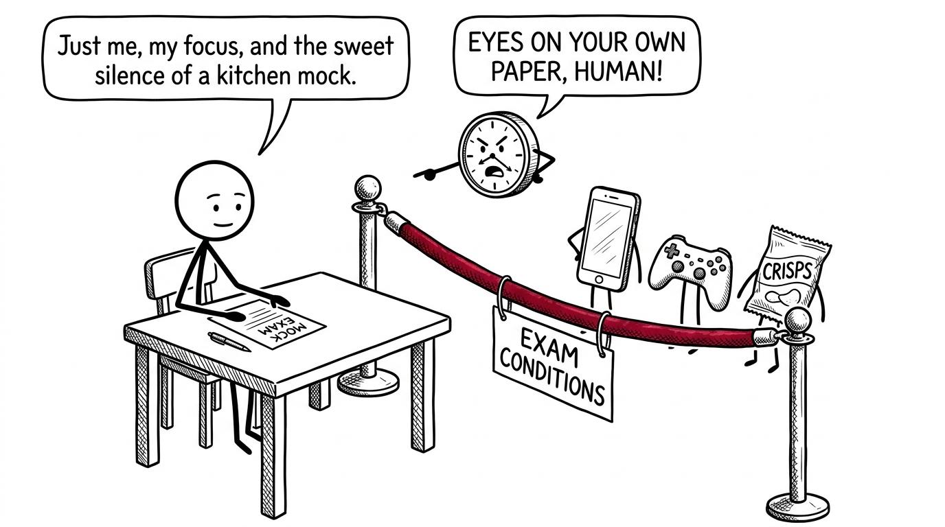 A phone and games controller wait outside a mock exam