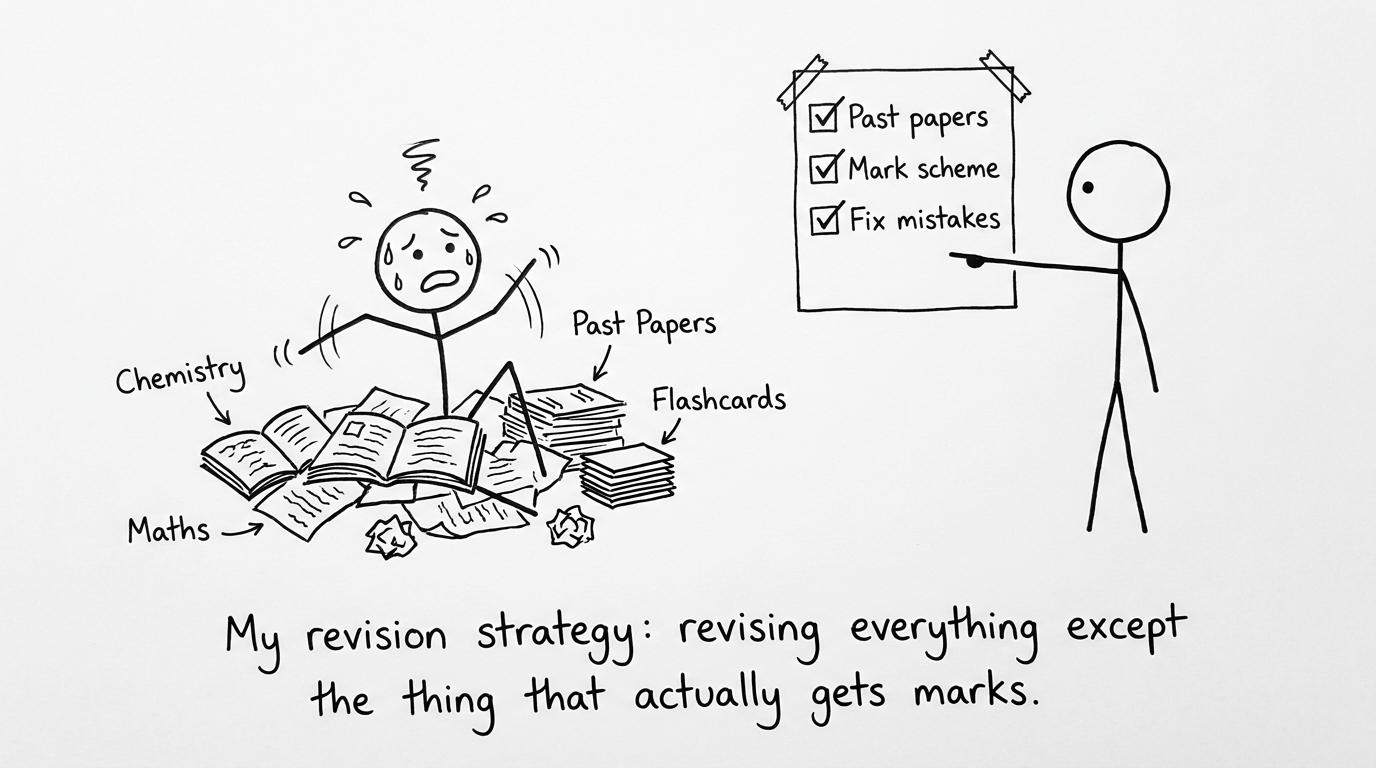 A stressed student revises everything except what gets marks