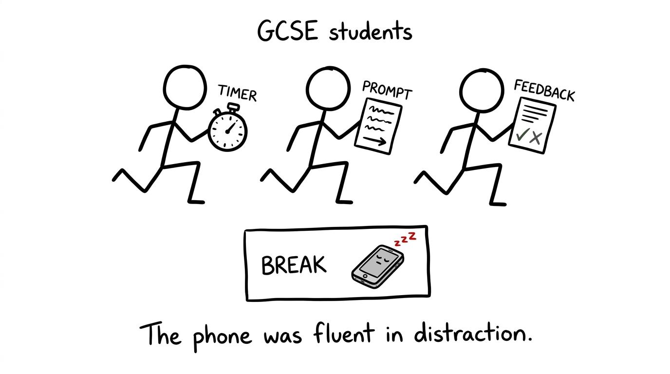 Students run a speaking relay while a distracting phone waits in a break box