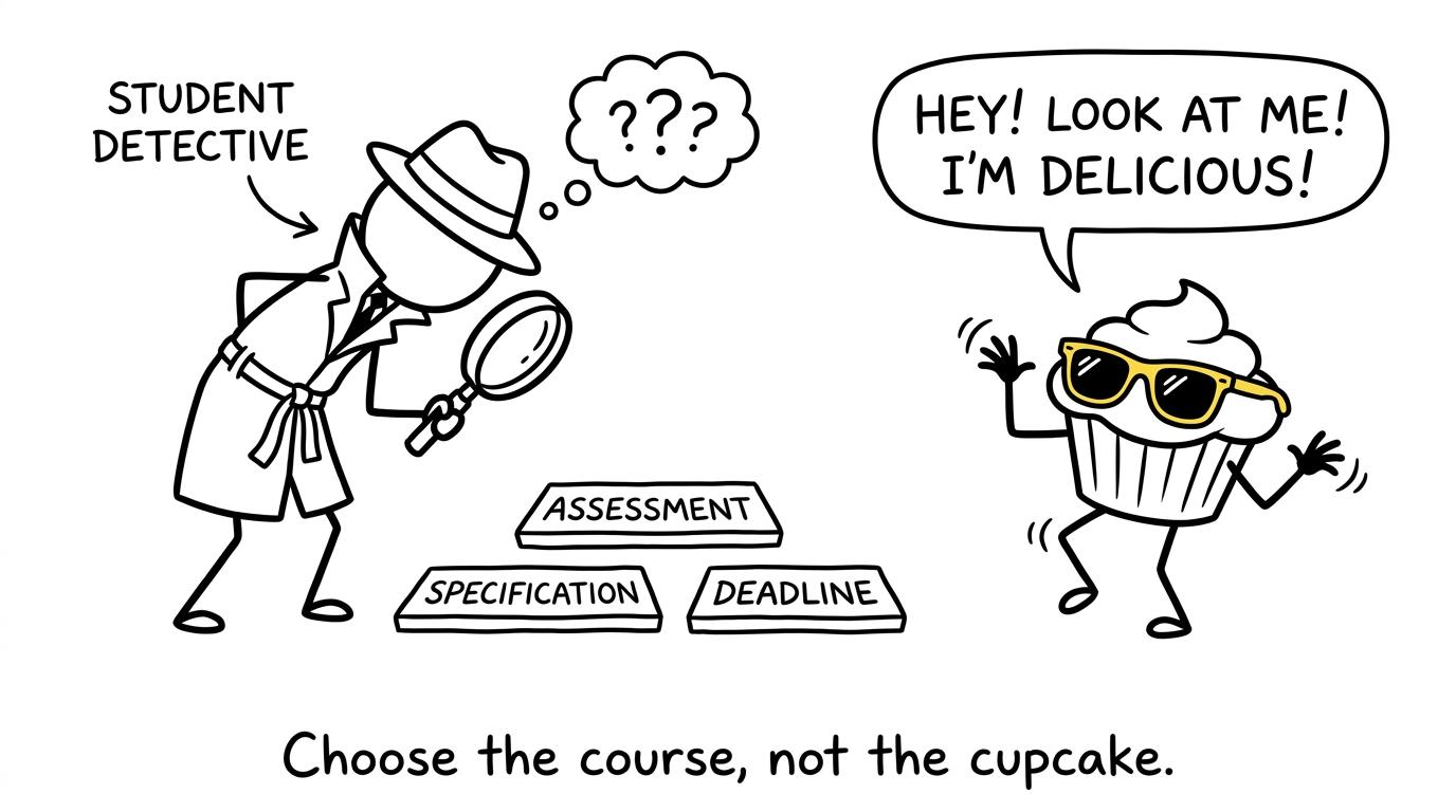 A student detective checks the specification while a cupcake attempts to provide a distraction