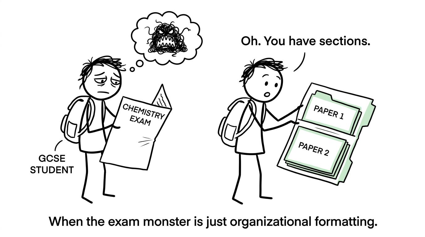 A student discovers that a frightening Chemistry exam is really a set of organised sections