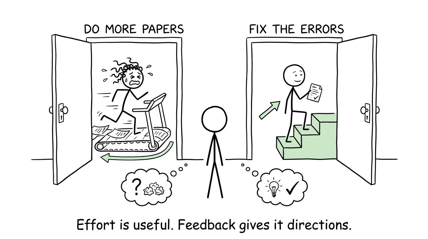 One student runs endlessly through papers while another climbs steps by fixing errors