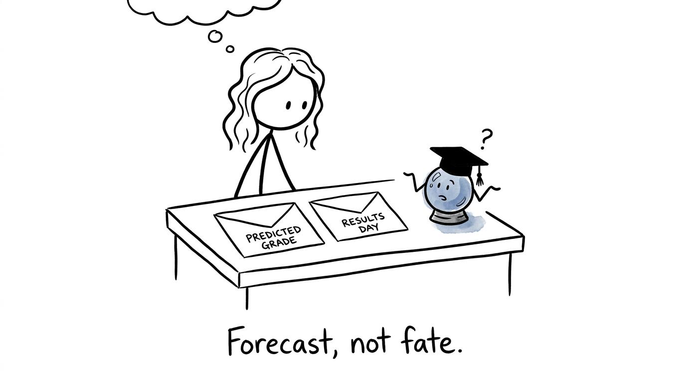 A predicted grade and results-day envelope beside an uncertain crystal ball