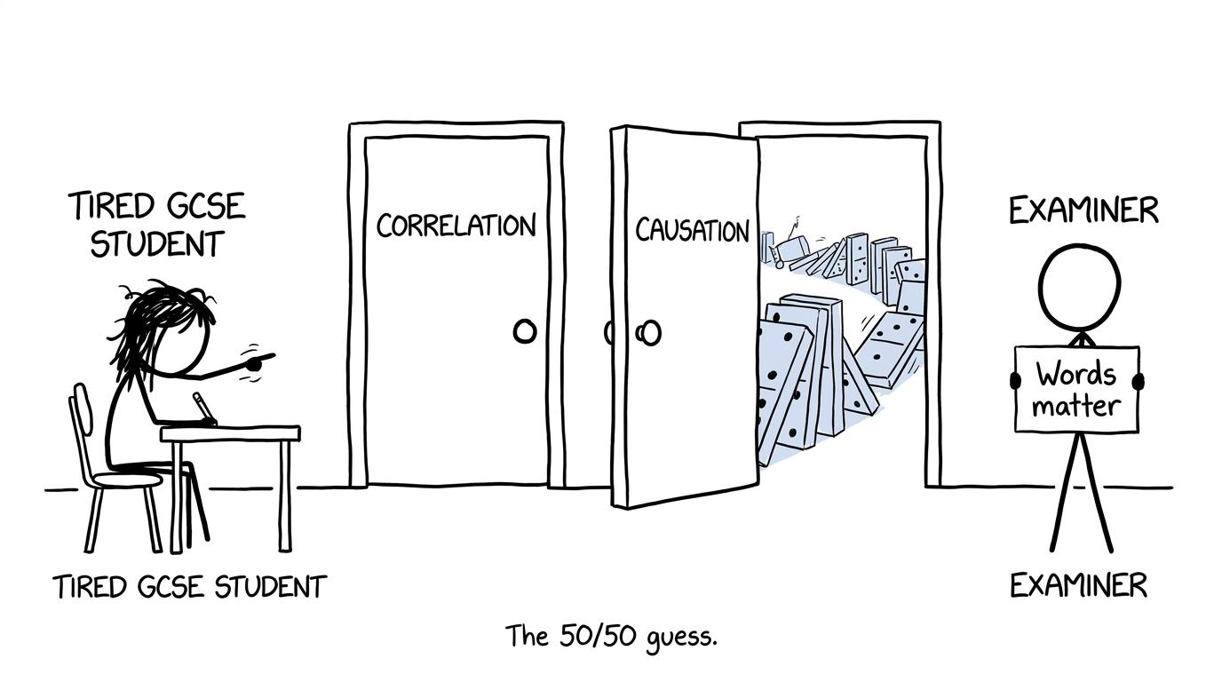 Correlation and causation appear as two very different exam doors
