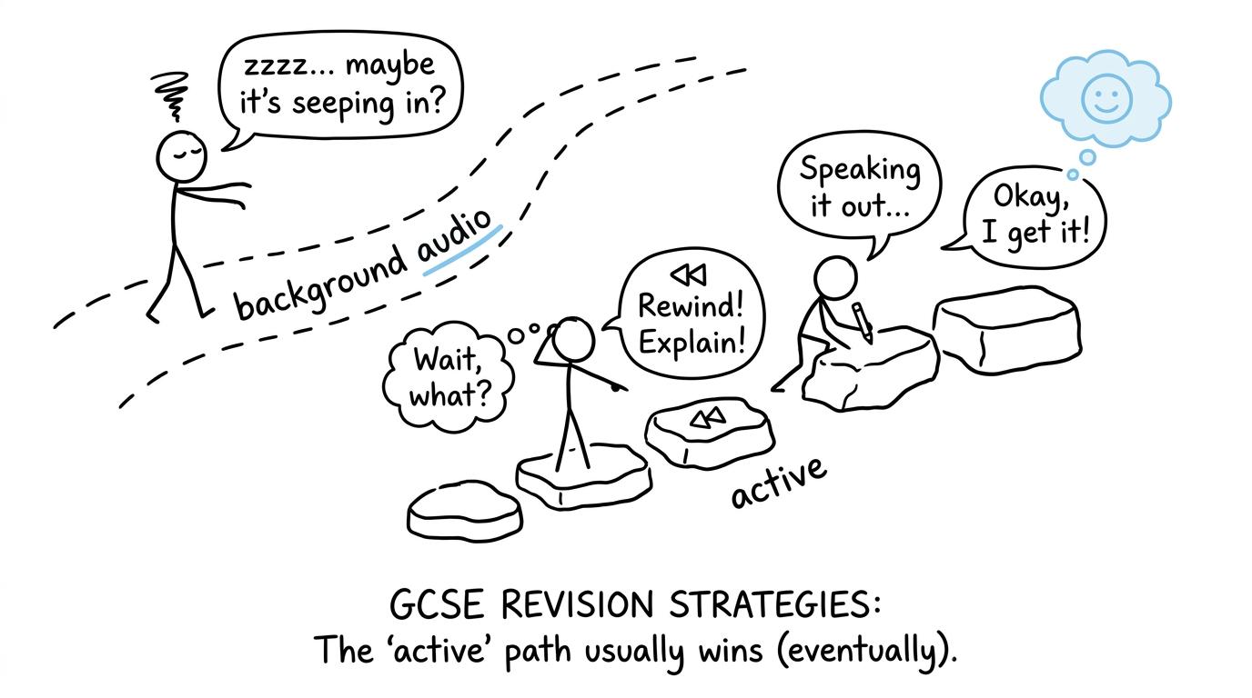 Two revision paths contrast background audio with active listening habits