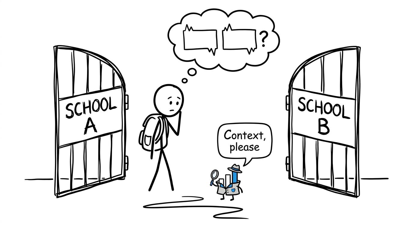 A student asks a detective bar chart for more context before comparing schools