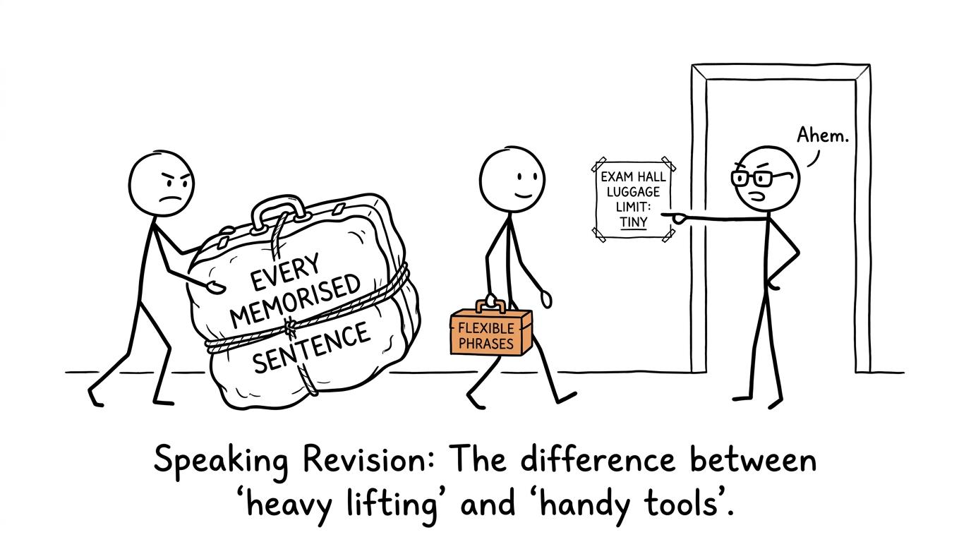 A huge suitcase of memorised sentences beside a small toolbox of flexible phrases