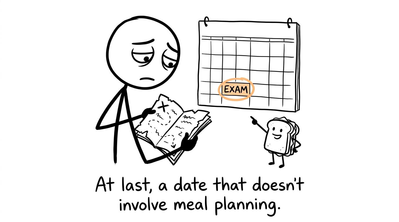 A student discovers the exam date on a revision-planner treasure map