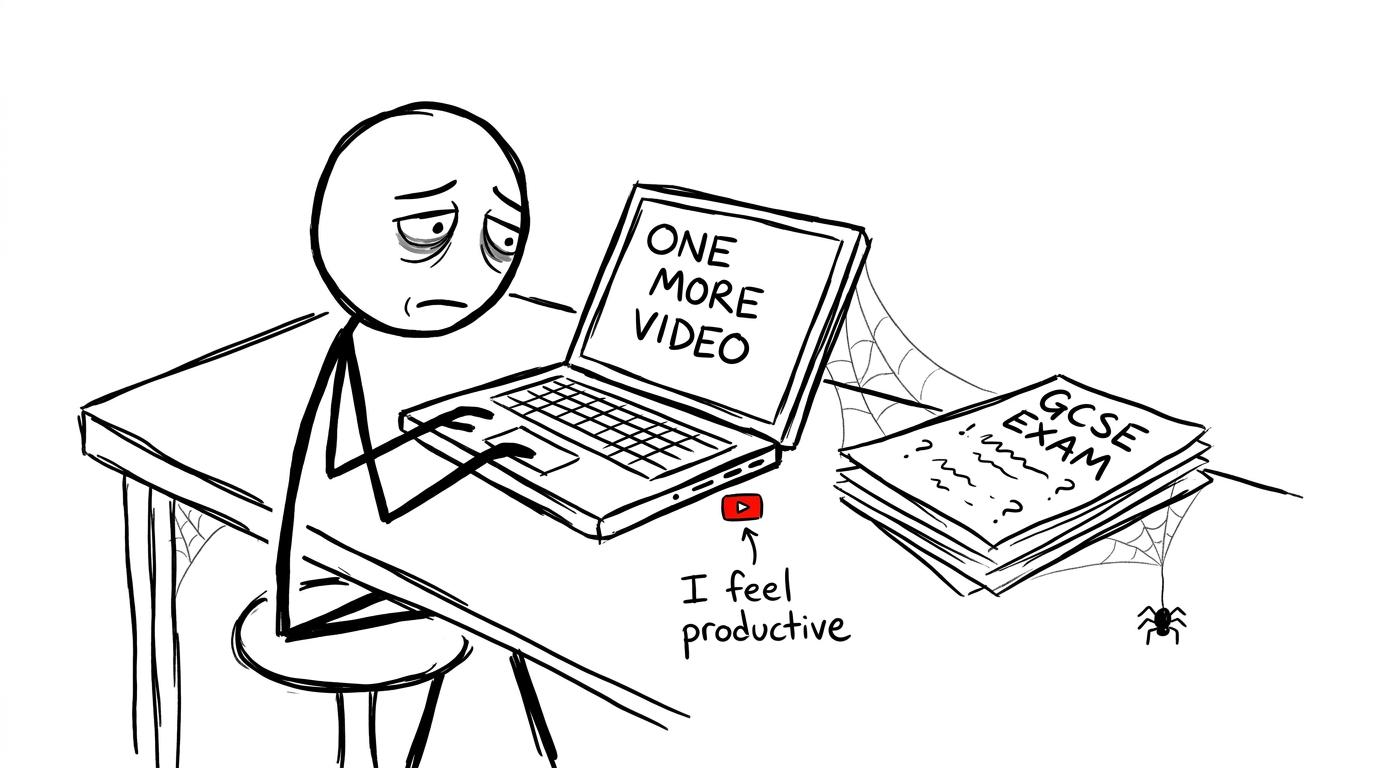 A student watches one more revision video while an exam paper gathers cobwebs