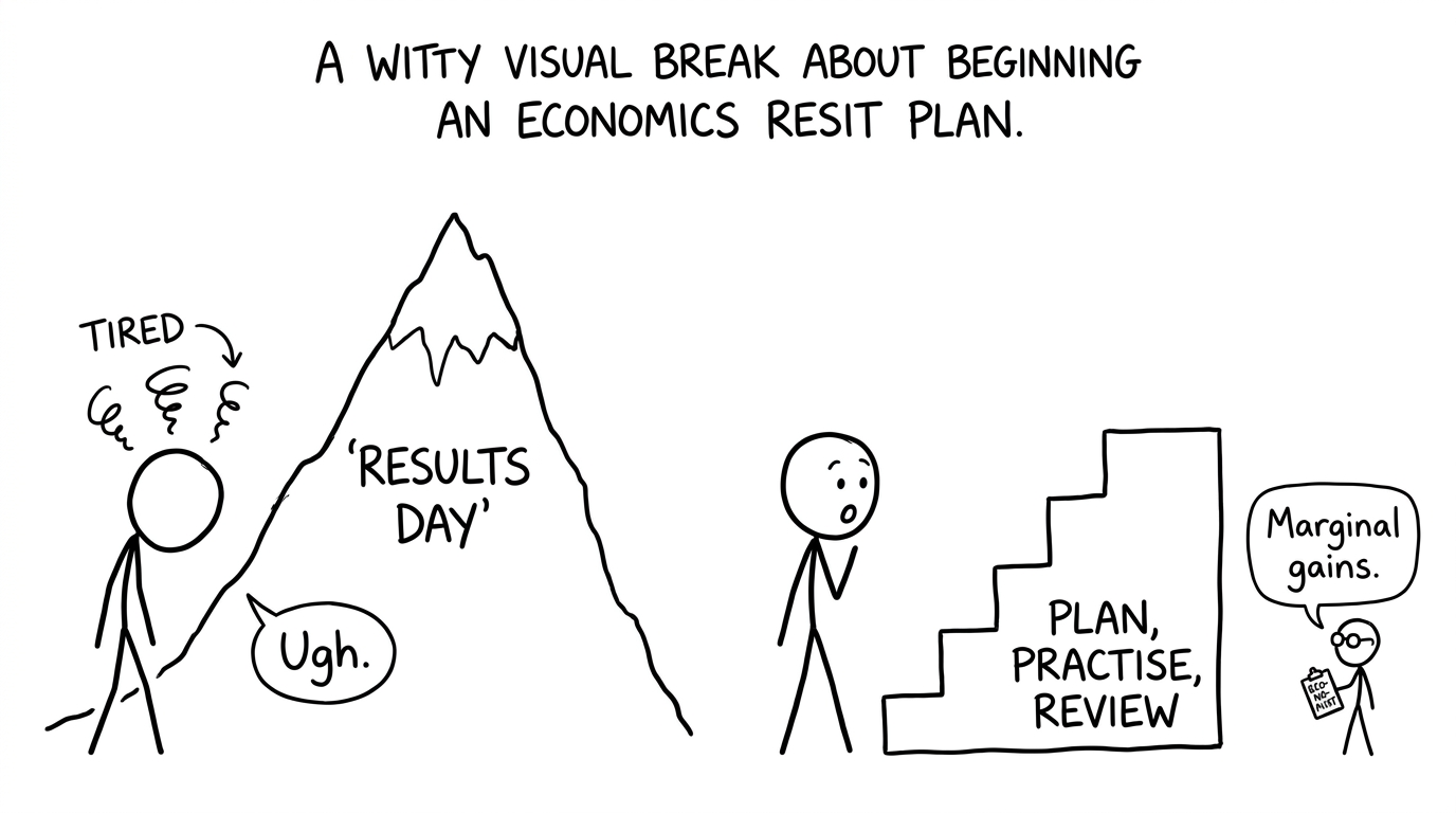 A student discovering that Results Day is a mountain with a staircase labelled Plan, Practise and Review
