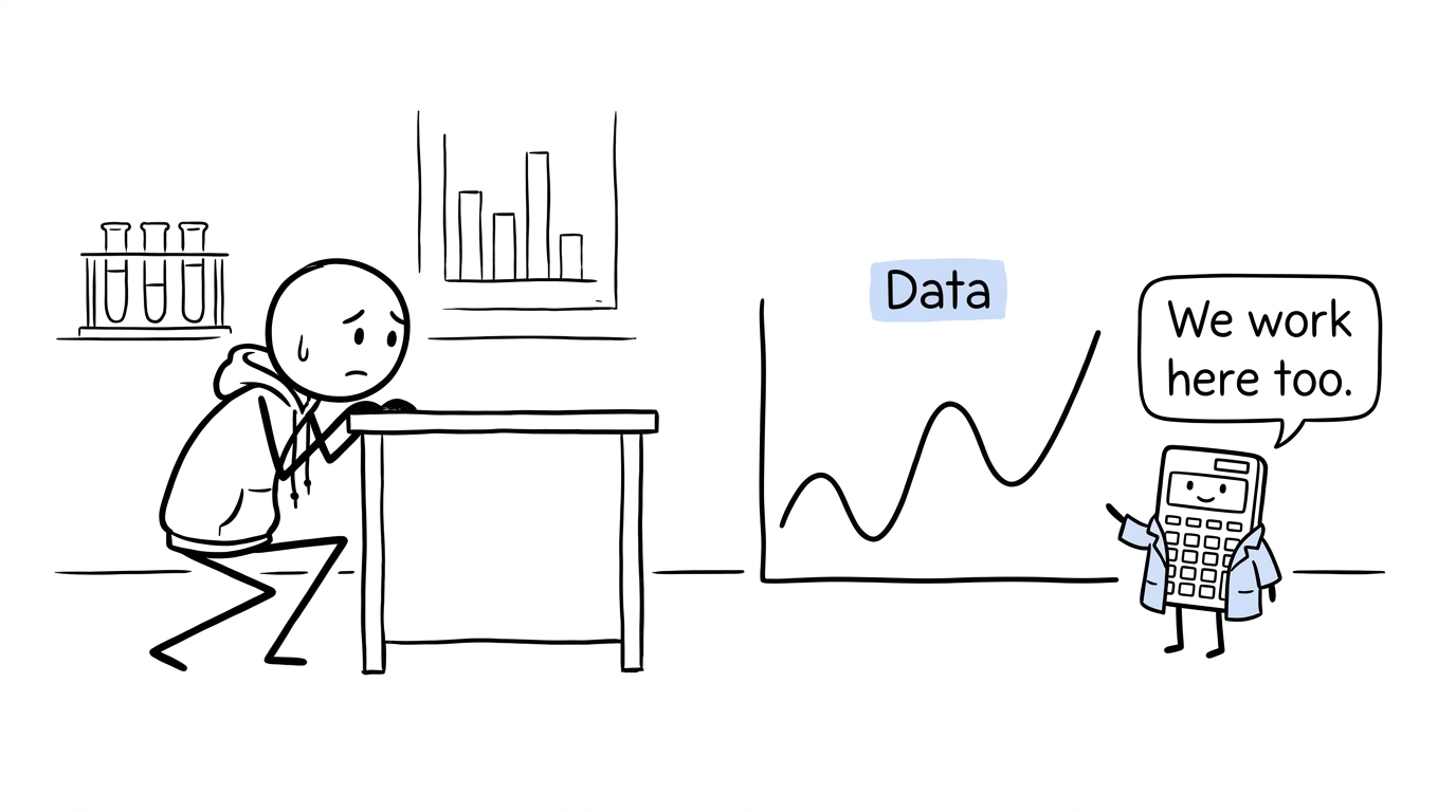 A calculator in a lab coat explains that data belongs in Biology too