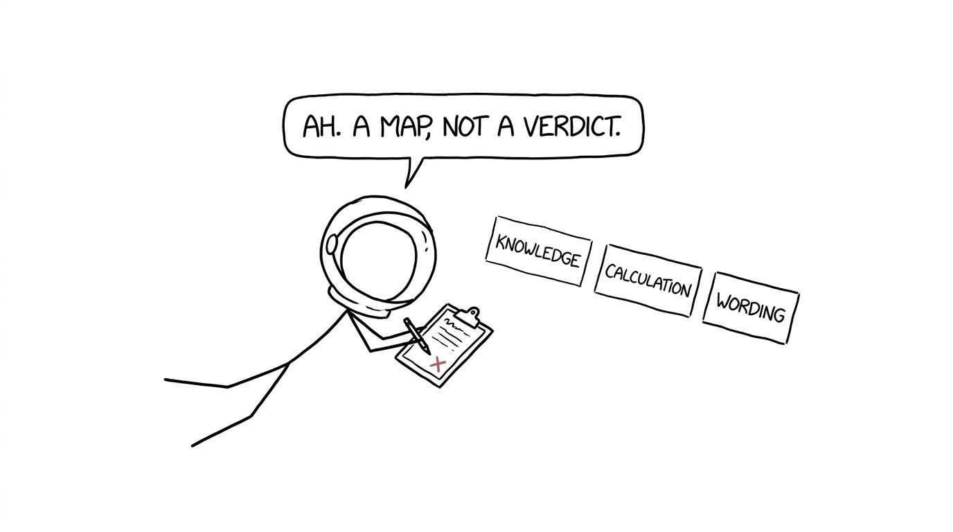 An astronaut student realises that a marked paper is a map rather than a verdict