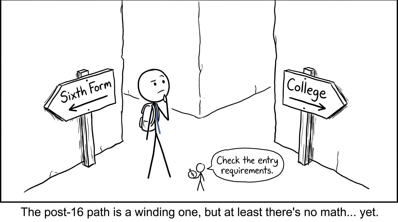 A student choosing between sixth form and college while a compass recommends checking entry requirements