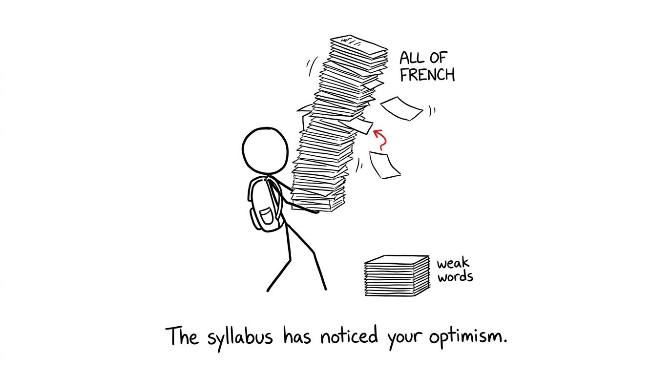 A student carrying an enormous pile of vocabulary cards while ignoring a small useful pile