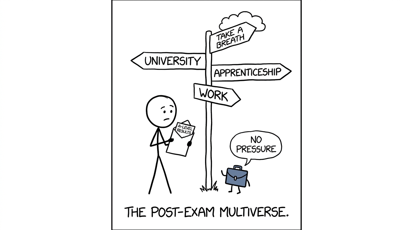 A student choosing between university, an apprenticeship, work and taking a breath