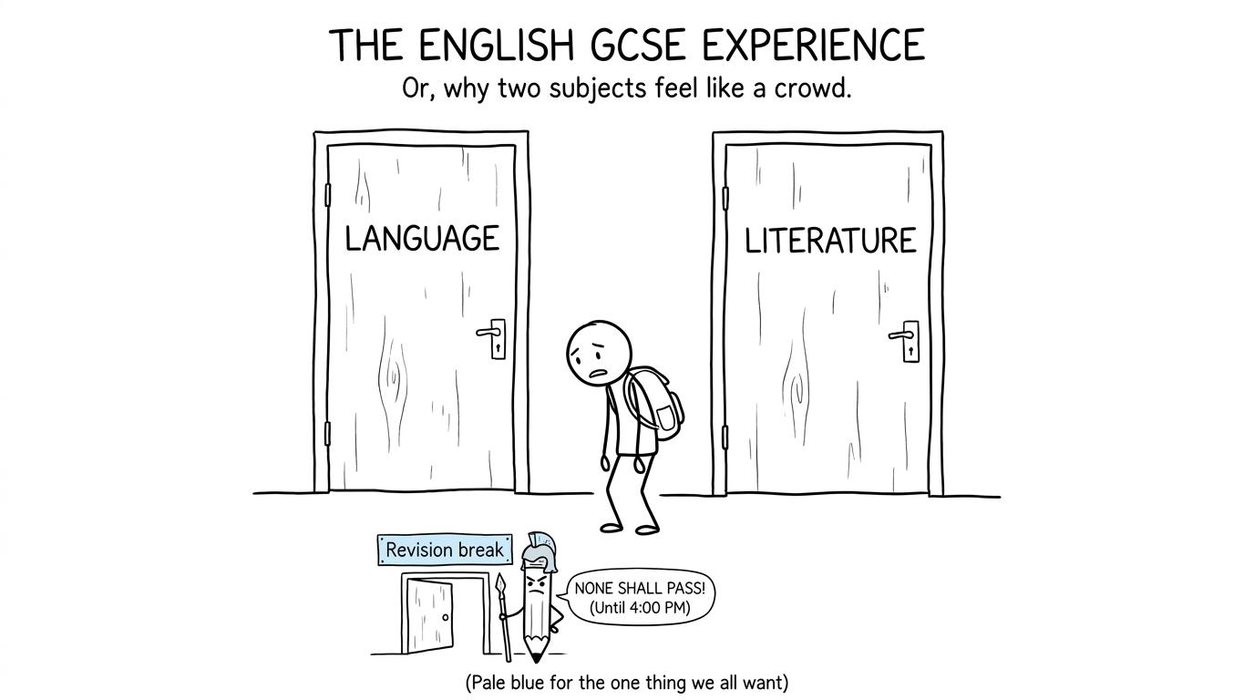 A GCSE student facing the imposing doors of English Language and Literature