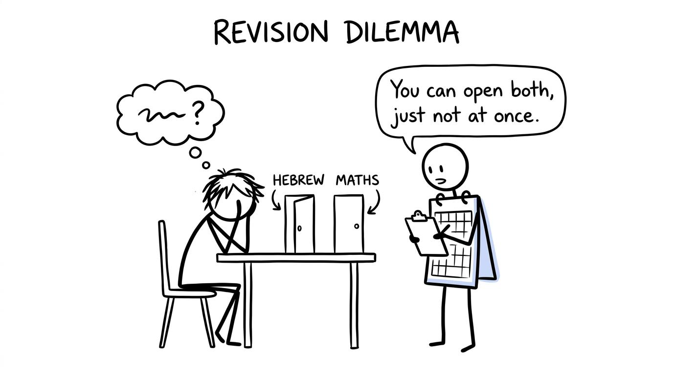 A student balancing Biblical Hebrew and maths revision with a weekly planner