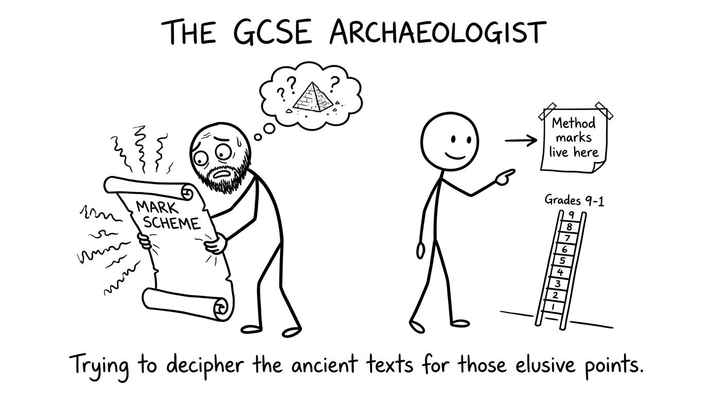A student facing the mark scheme like an ancient scroll